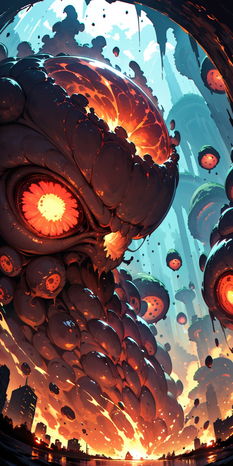 A colossal,  serpentine alien creature with glowing red eyes and a hide covered in barnacle-like growths emerges from a po...