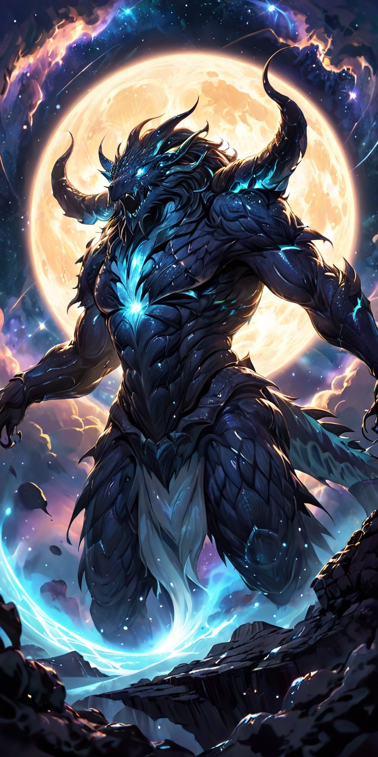 Interstellar Beast:A massive alien beast with scales and horns,  its body partially illuminated by the light of a nearby s...