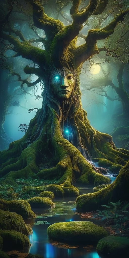 An ancient tree spirit,  its bark adorned with intricate symbols,  stands sentinel over a hidden grove bathed in moonlight...