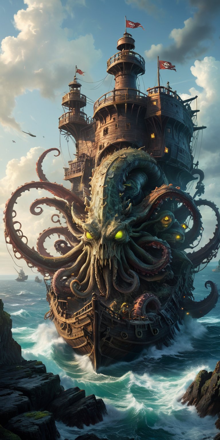 A decaying pirate ship,  perched precariously on a rocky cliff,  becomes a battleground. A barnacle-encrusted alien with g...