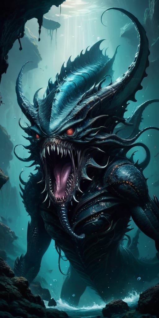 The Abyssal Leviathan Deep beneath the waves of a blackened sea,  where the waters teem with alien life forms,  swims a co...