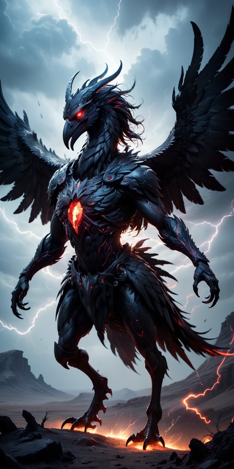 Void Walker A nightmarish creature with the body of a centaur and the head of a raven,  with glowing red eyes and a beak t...