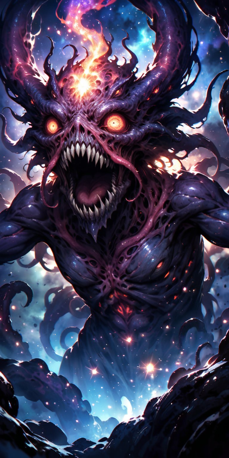 Galactic Abomination:A hideous alien abomination with multiple eyes,  tentacles,  and a distorted body by Caption Master o...
