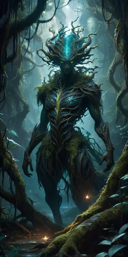 The Shadowed Abyss In the depths of a dark,  cavernous abyss,  where twisted roots of ancient trees intertwine with alien...