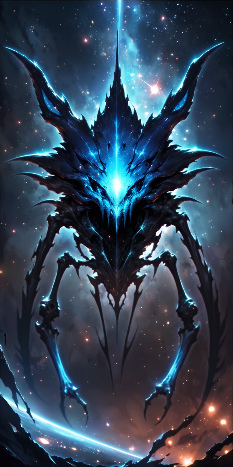 Void Stalker:A sinister alien creature with elongated limbs and a skeletal frame,  its eyes glowing a haunting blue. It fl...