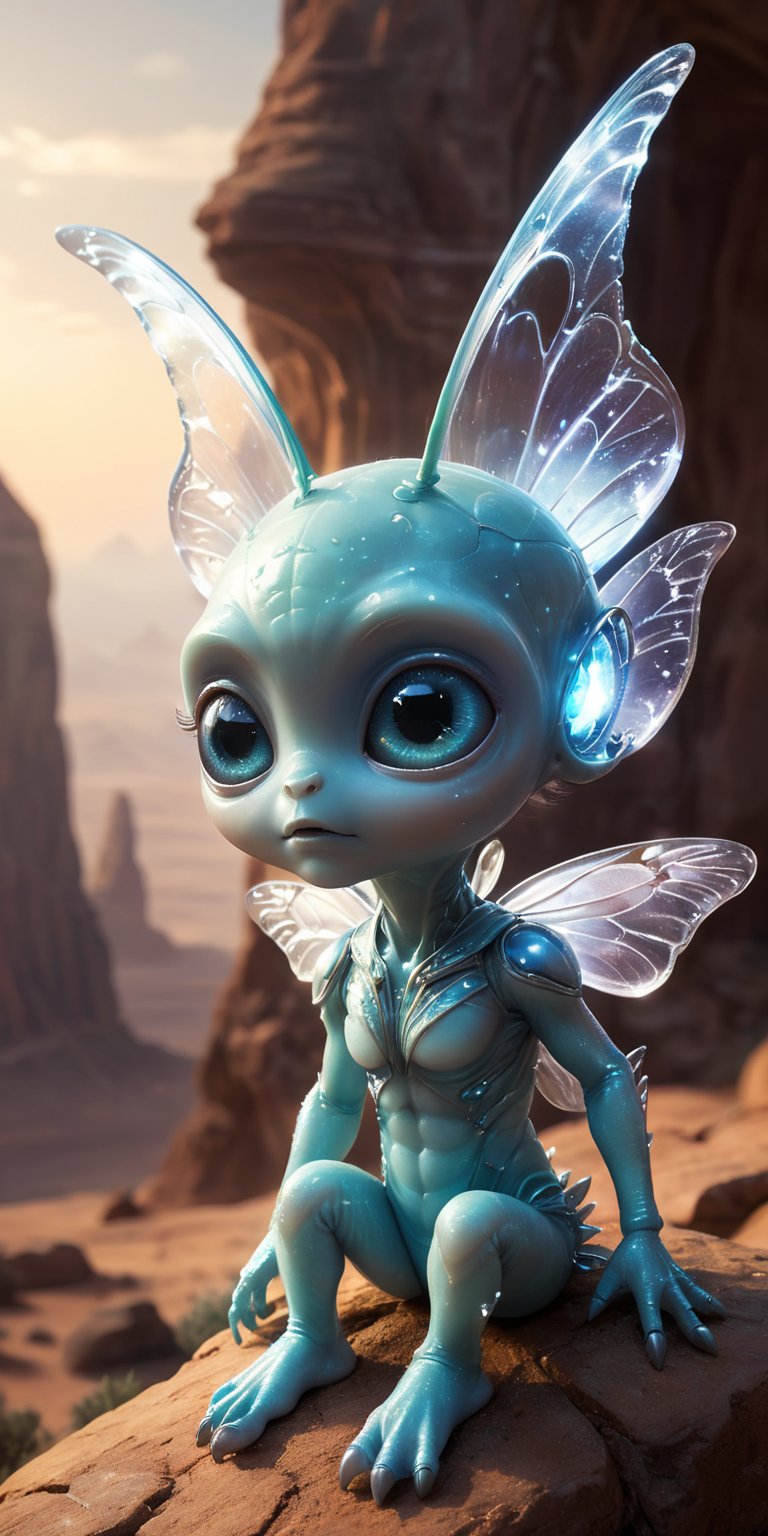 Sitting on a glowing,  crystalline ledge high above a vast alien landscape,  a baby alien with smooth by Caption Master on...