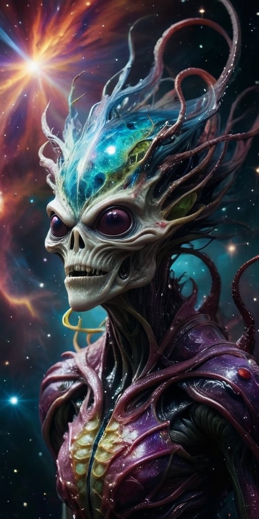 Amidst the cosmic backdrop of a distant star cluster,  a horrifying creature takes shape,  blending alien and monstrous fe...