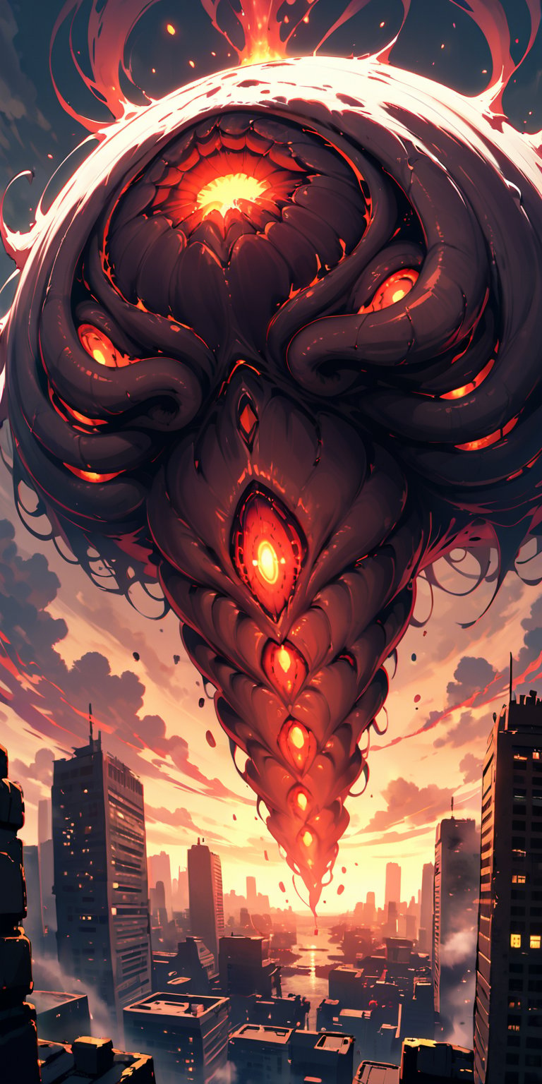 A colossal,  serpentine alien creature with glowing red eyes and a hide covered in barnacle-like growths emerges from a po...
