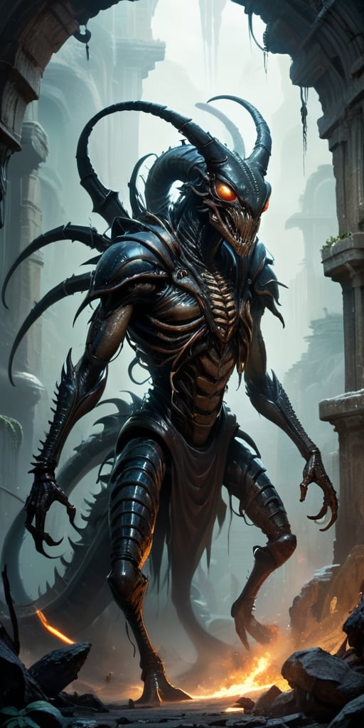 Roaming the ruins of an ancient,  alien city,  a monstrous creature with a centipede-like body and humanoid torso moves wi...