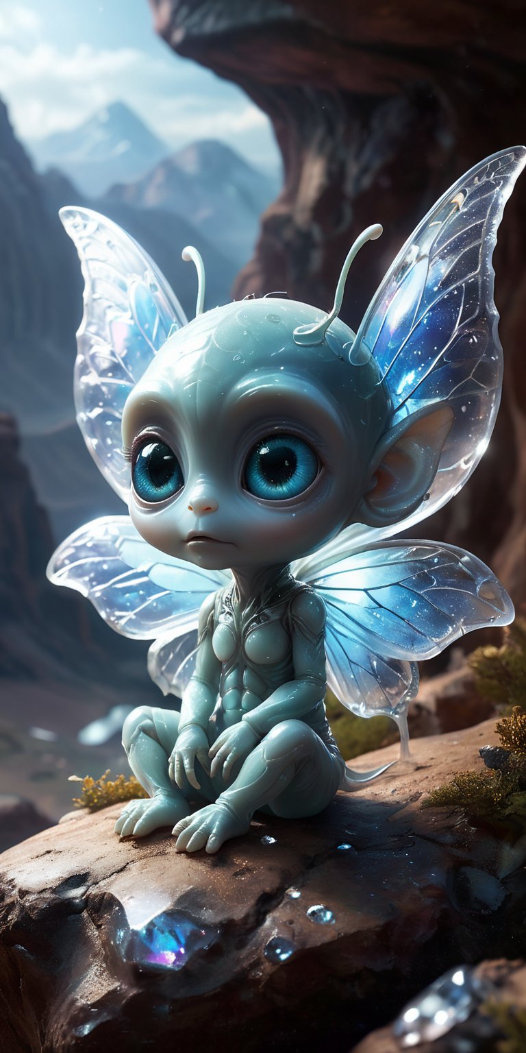 Sitting on a glowing,  crystalline ledge high above a vast alien landscape,  a baby alien with smooth by Caption Master on...