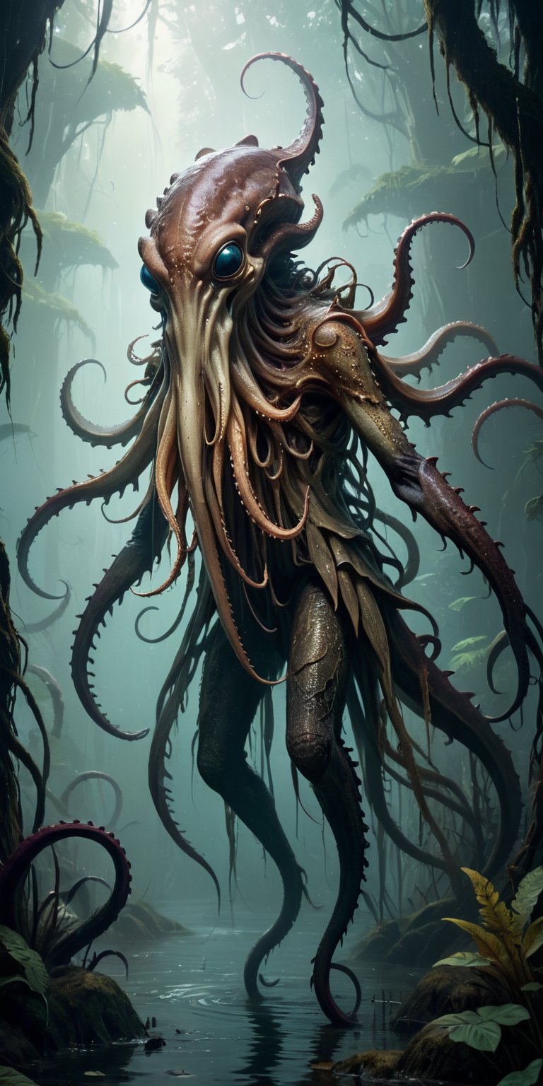 A colossal monstrosity with a reptilian hide and a squid-like head,  its numerous tentacles tipped with barbed hooks,  ris...