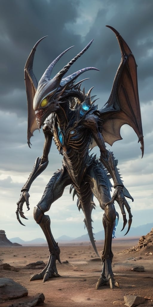 On a barren,  rocky alien planet,  a nightmarish hybrid creature prowls through a field of jagged by Caption Master on Ten...