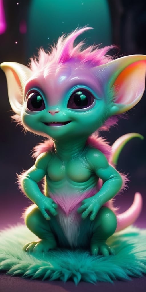 A baby alien with fur that changes color depending on its mood,  ranging from a soft pink when it's content to a vibrant g...