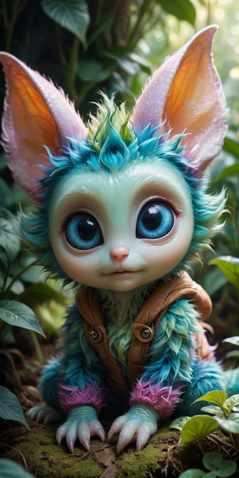 On a cozy bed of soft,  alien plants,  a baby alien with pastel-colored fur and large by Caption Master on Tensor.Art