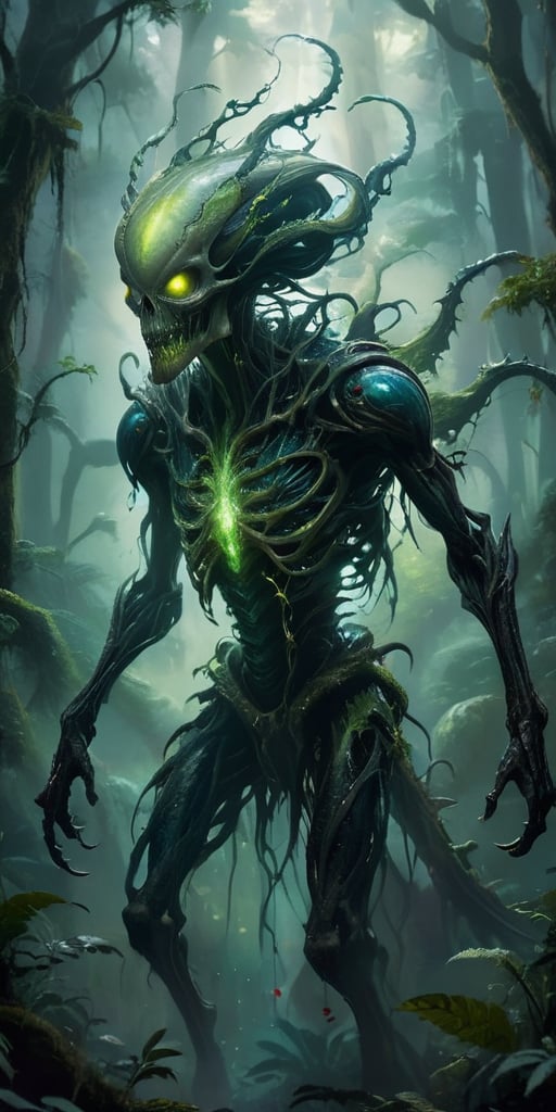 Emerging from a swirling,  ethereal mist,  a monstrous alien creature with a skeletal frame and bioluminescent by Caption...