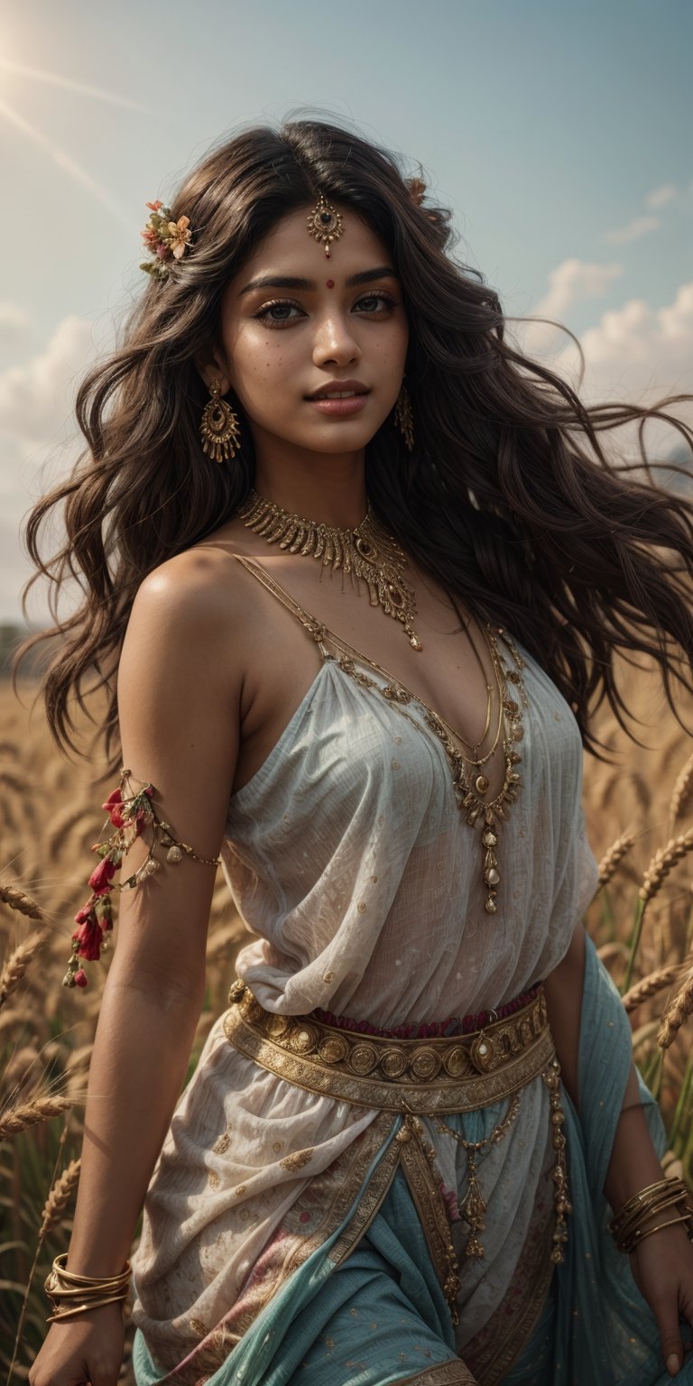 Bohemian Beauty An Indian woman with a model look,  embodying the free-spirited beauty of a bohemian goddess. Her features...