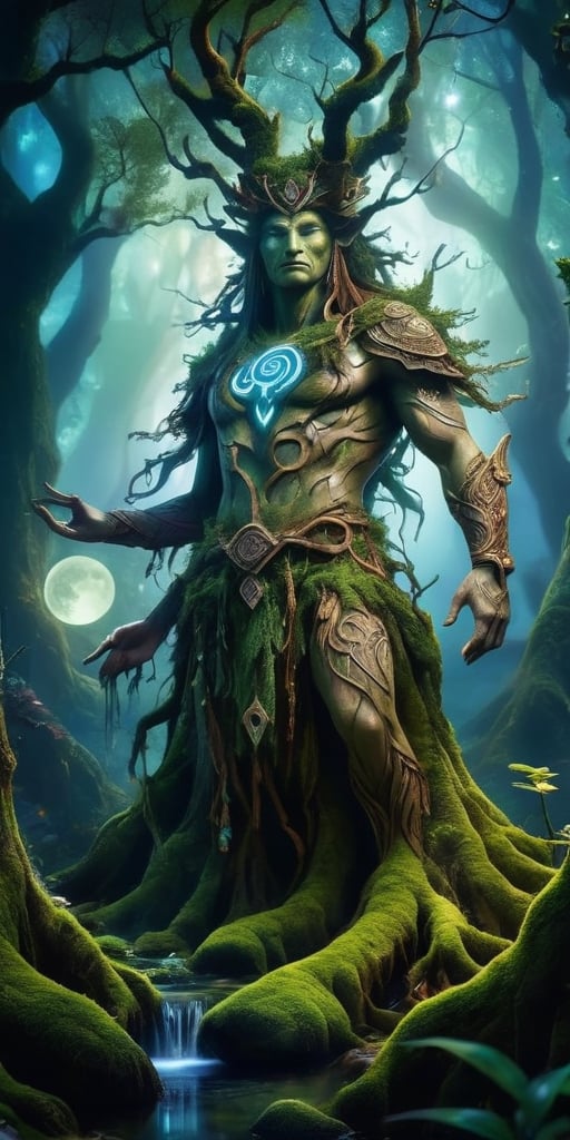 An ancient tree spirit,  its bark adorned with intricate symbols,  stands sentinel over a hidden grove bathed in moonlight...