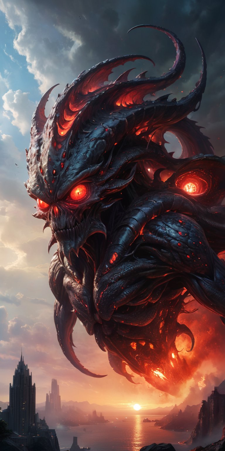 A colossal,  serpentine alien creature with glowing red eyes and a hide covered in barnacle-like growths emerges from a po...