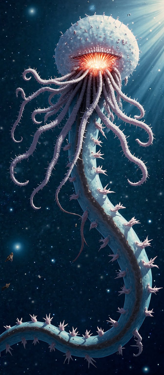 A monstrous alien entity floats menacingly in the vast emptiness of space,  with a serpentine body that twists and coils e...