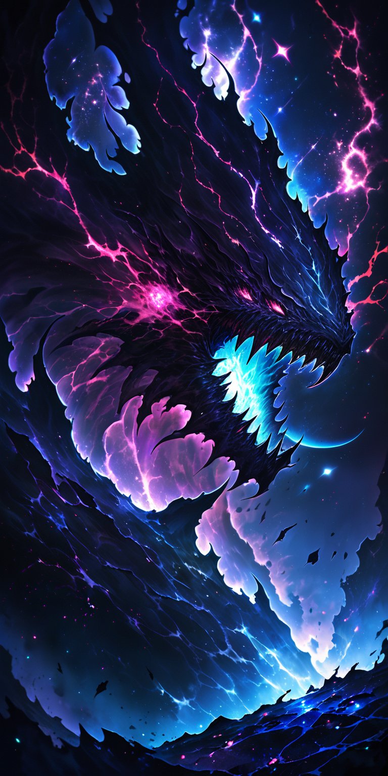 Galactic Devourer:A colossal alien beast with multiple rows of teeth and glowing blue veins,  floating in the darkness of...