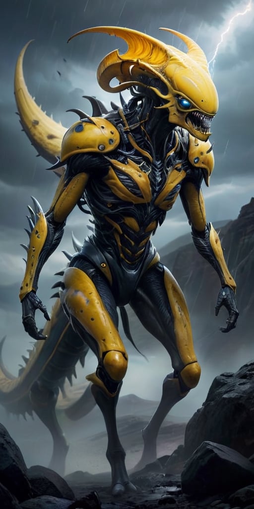 On a desolate,  windswept alien landscape,  a monstrous alien hybrid stalks its prey. Its body is covered in thick by Capt...