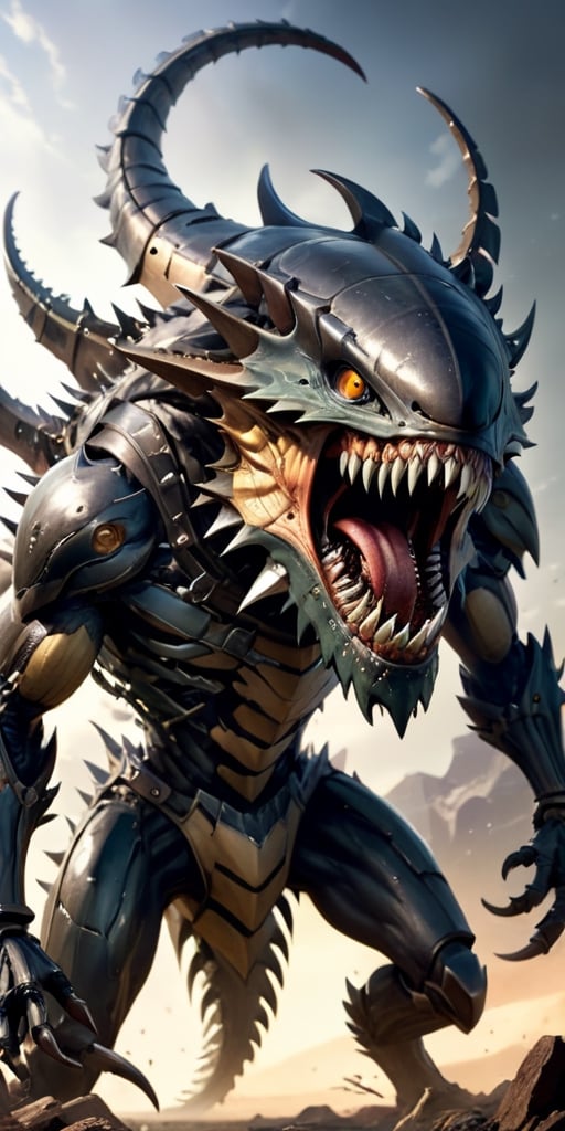 A creature with a body covered in sharp,  metallic plates that clank and clang as it moves. It has a large,  gaping maw fi...