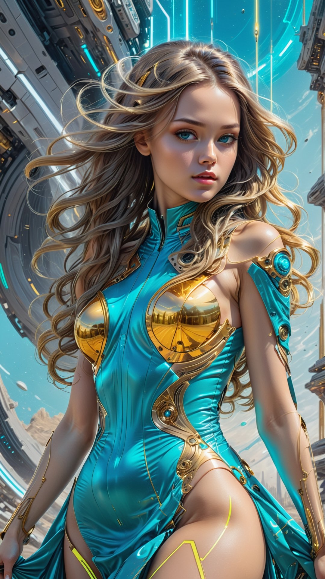 Women wearing  Neon Cyan
gold warp dress, long_hair , (sci-fi background) ,Leonardo Style,DonMR0s30rd3rXL 