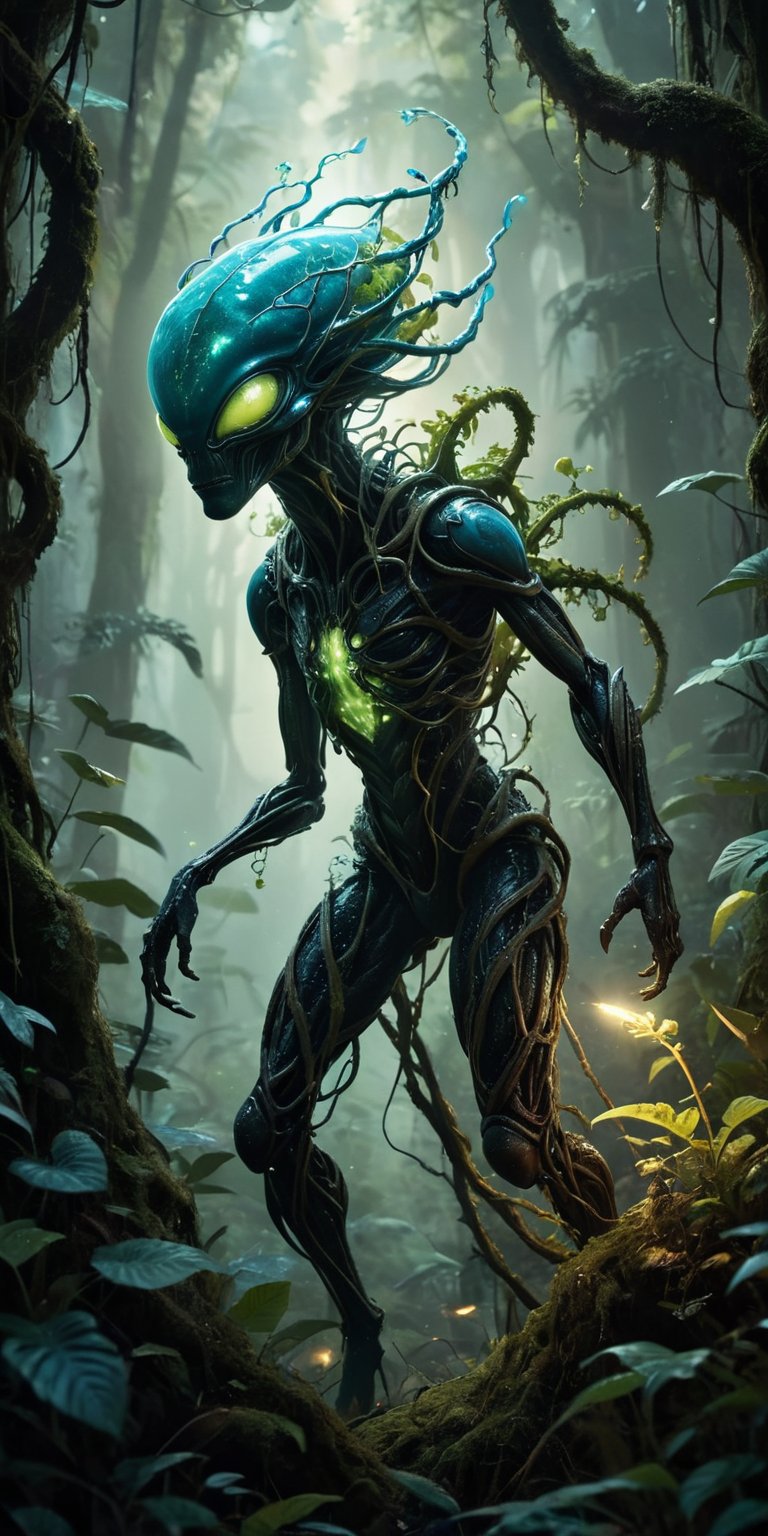 A lush,  bioluminescent forest teems with hidden dangers. A spindly alien with glowing spores stalks a monstrous,  plant-l...