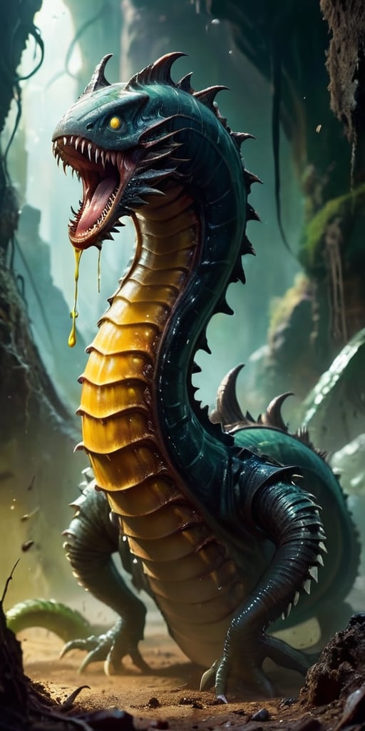 A massive,  worm-like creature that tunnels through the ground,  leaving destruction in its wake. It has a gaping maw line...
