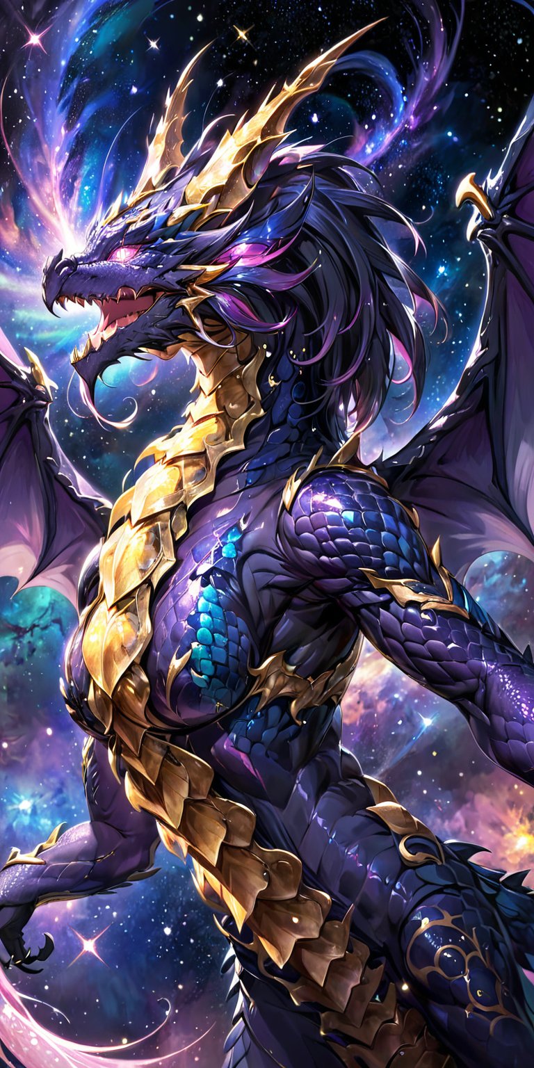 Majestic Galactic Dragon: A colossal dragon with shimmering scales of deep indigo and gold,  its wings unfurled and spanni...
