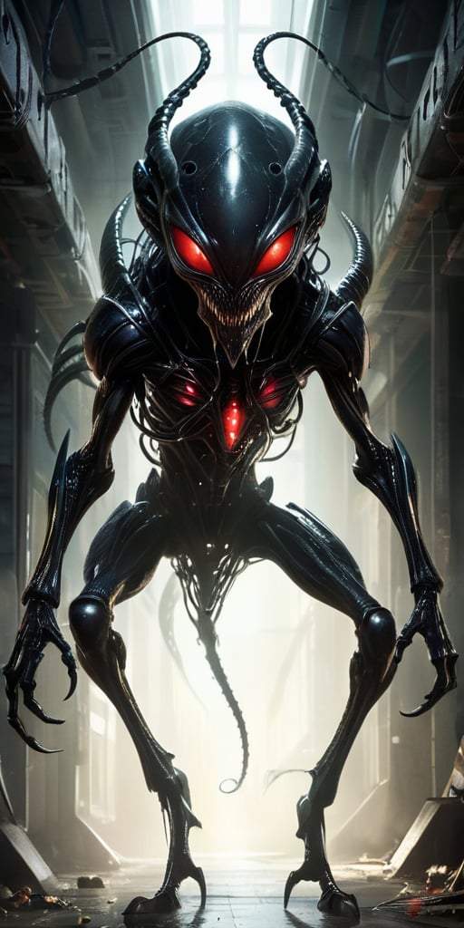 Lurking in the dark,  twisted corridors of an abandoned alien spaceship,  a terrifying creature with a sleek by Caption Ma...