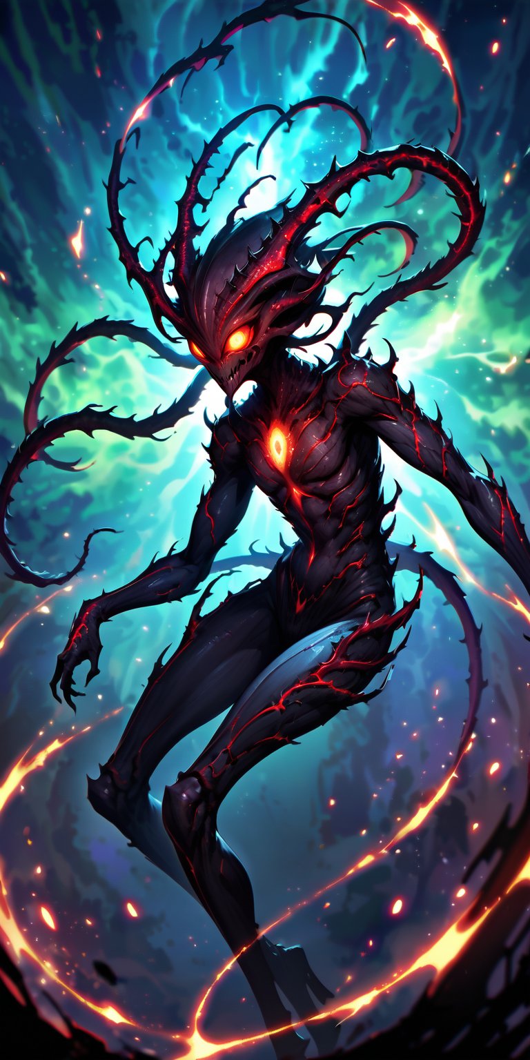 Nebula Nightmare An alien monster with a twisted, elongated body, covered in spines and glowing veins. It emerges from the centre of a swirling nebula, its many eyes scanning for prey as it prepares to strike.
