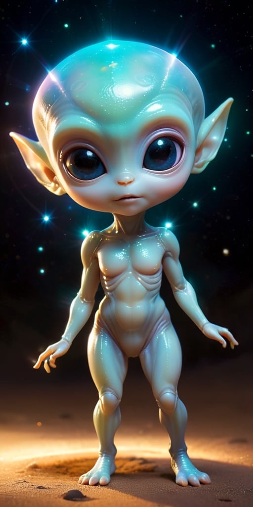 A baby alien with a body that is composed entirely of light. It emits a soft,  gentle glow that illuminates its surroundin...