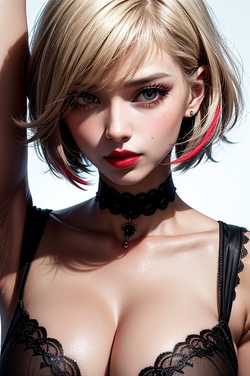 1girl, solo, upper body, looking at viewer, white background, bob cut, short hair, multicolored hair, makeup, parted lips, red lips, eyeliner,