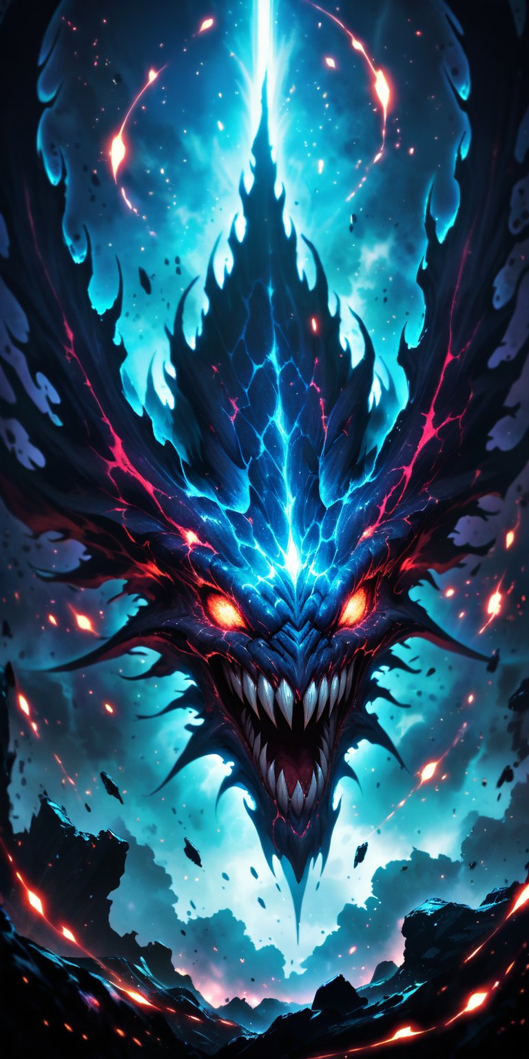 Galactic Devourer:A colossal alien beast with multiple rows of teeth and glowing blue veins,  floating in the darkness of...