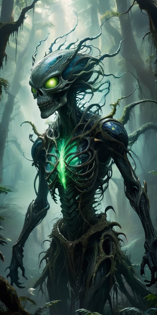 Emerging from a swirling,  ethereal mist,  a monstrous alien creature with a skeletal frame and bioluminescent by Caption...