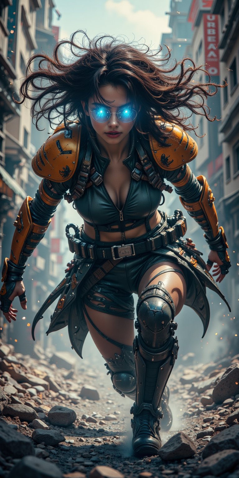 A woman with biomechanical enhancements designed for close combat. Her arms and legs are reinforced with armor,  and her e...