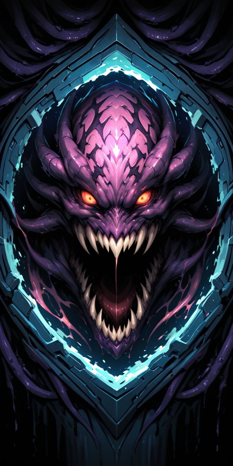 A horrifying alien creature with razor-sharp claws and barbed tentacles bursts through the hull of a spaceship,  its guttu...