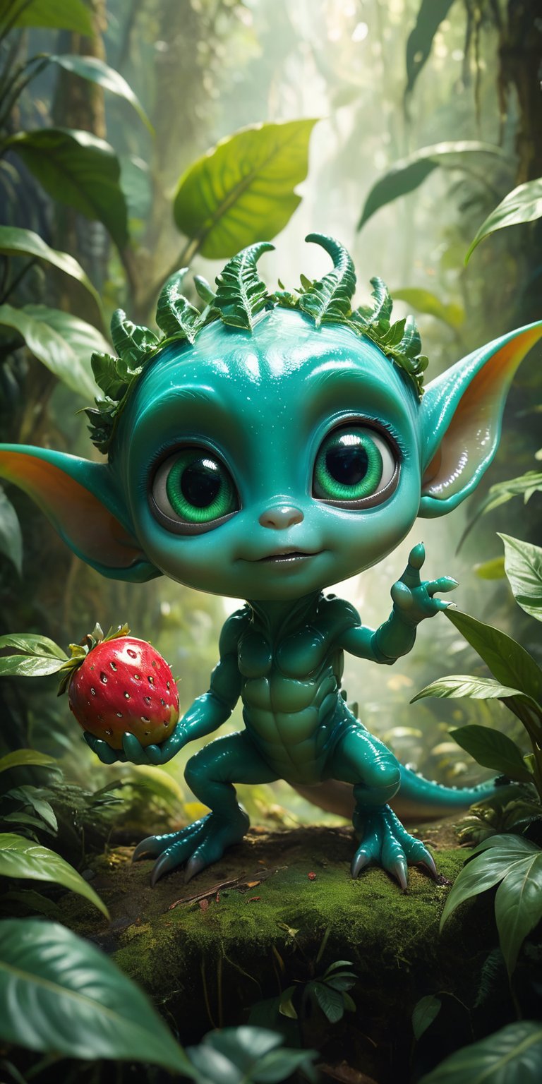 Amid the vibrant foliage of an alien jungle,  a baby alien with bright,  emerald-green skin and a small by Caption Master...