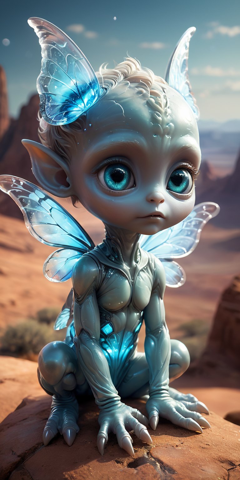 Sitting on a glowing,  crystalline ledge high above a vast alien landscape,  a baby alien with smooth by Caption Master on...