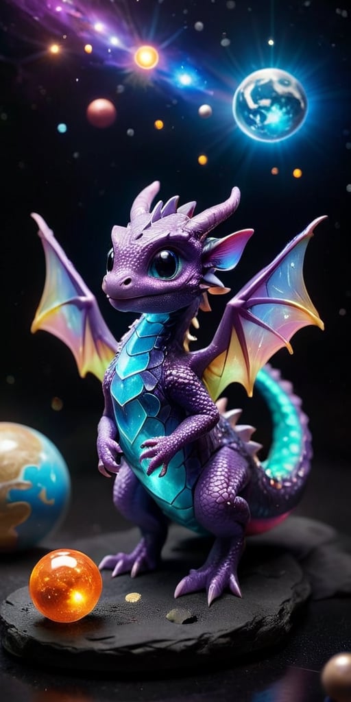 Galactic Playmate A baby dragon plays with a floating holographic projection of the solar system, swatting at the miniature planets and stars. The holographic lights cast a soft glow on its scales, making it look like a creature born of the stars themselves.