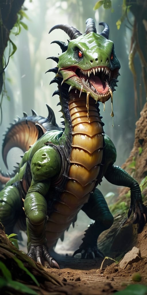 A massive,  worm-like creature that tunnels through the ground,  leaving destruction in its wake. It has a gaping maw line...