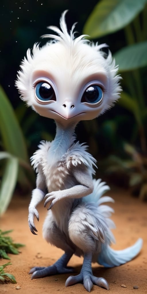 A baby alien with soft,  downy feathers that cover its body. It has a long,  slender neck and a small by Caption Master on...