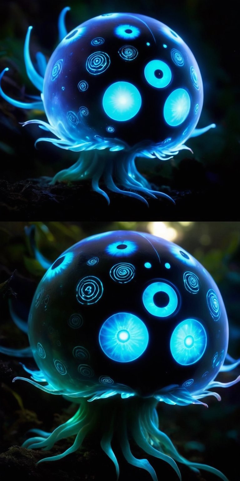 A creature with a body covered in bioluminescent markings that glow in the dark. It has a large, bulbous head with multiple eyes that can see in all directions, and it communicates with a series of clicks and whistles.
