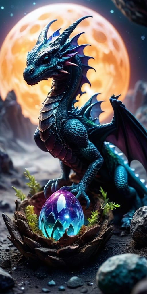 Hatchling in an Alien Nest On a barren moon's surface,  a baby dragon emerges from an egg nestled in an alien nest made of...