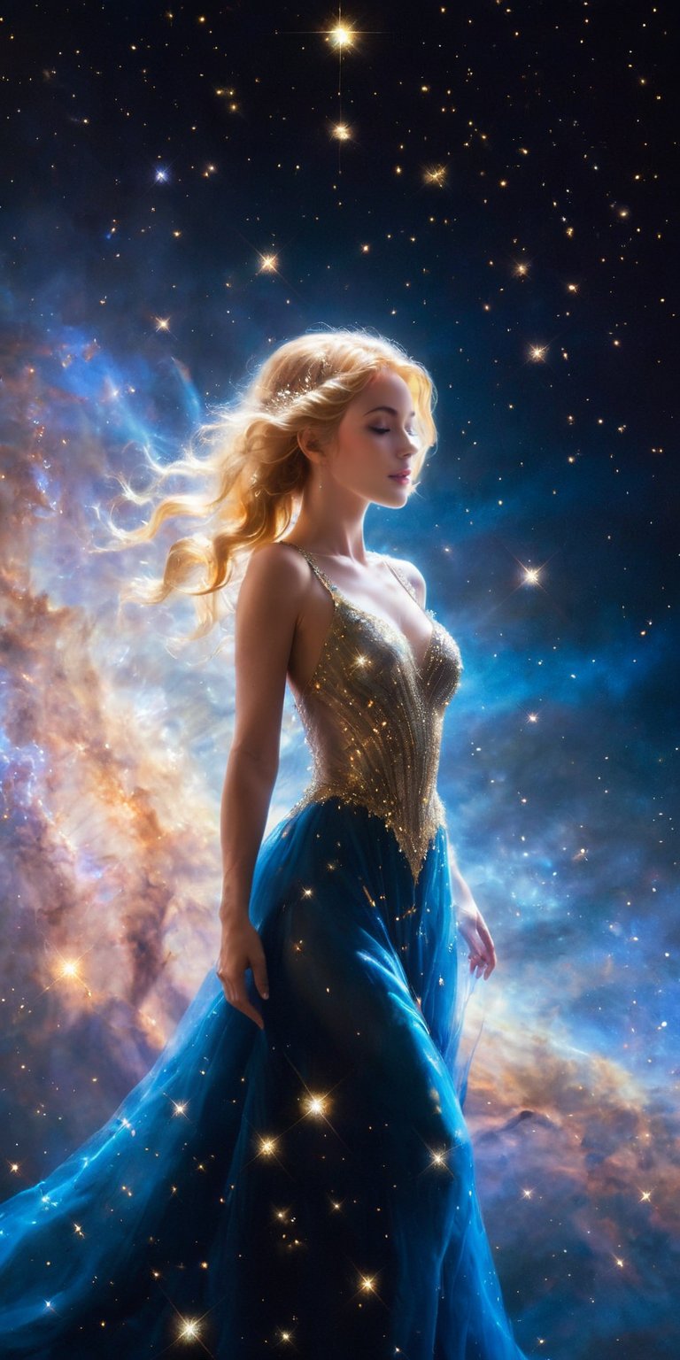 Luminous Traveler A radiant woman with golden hair that seems to glow, dressed in a semi-transparent, flowing gown adorned with tiny, sparkling lights. She floats gently in the vastness of space, surrounded by twinkling stars and a distant spiral galaxy.
