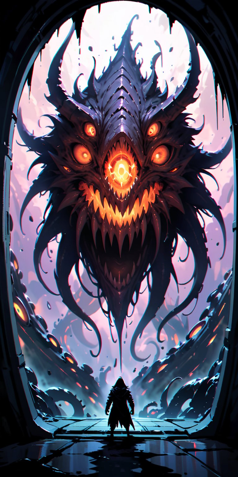 A horrifying alien creature with razor-sharp claws and barbed tentacles bursts through the hull of a spaceship,  its guttu...