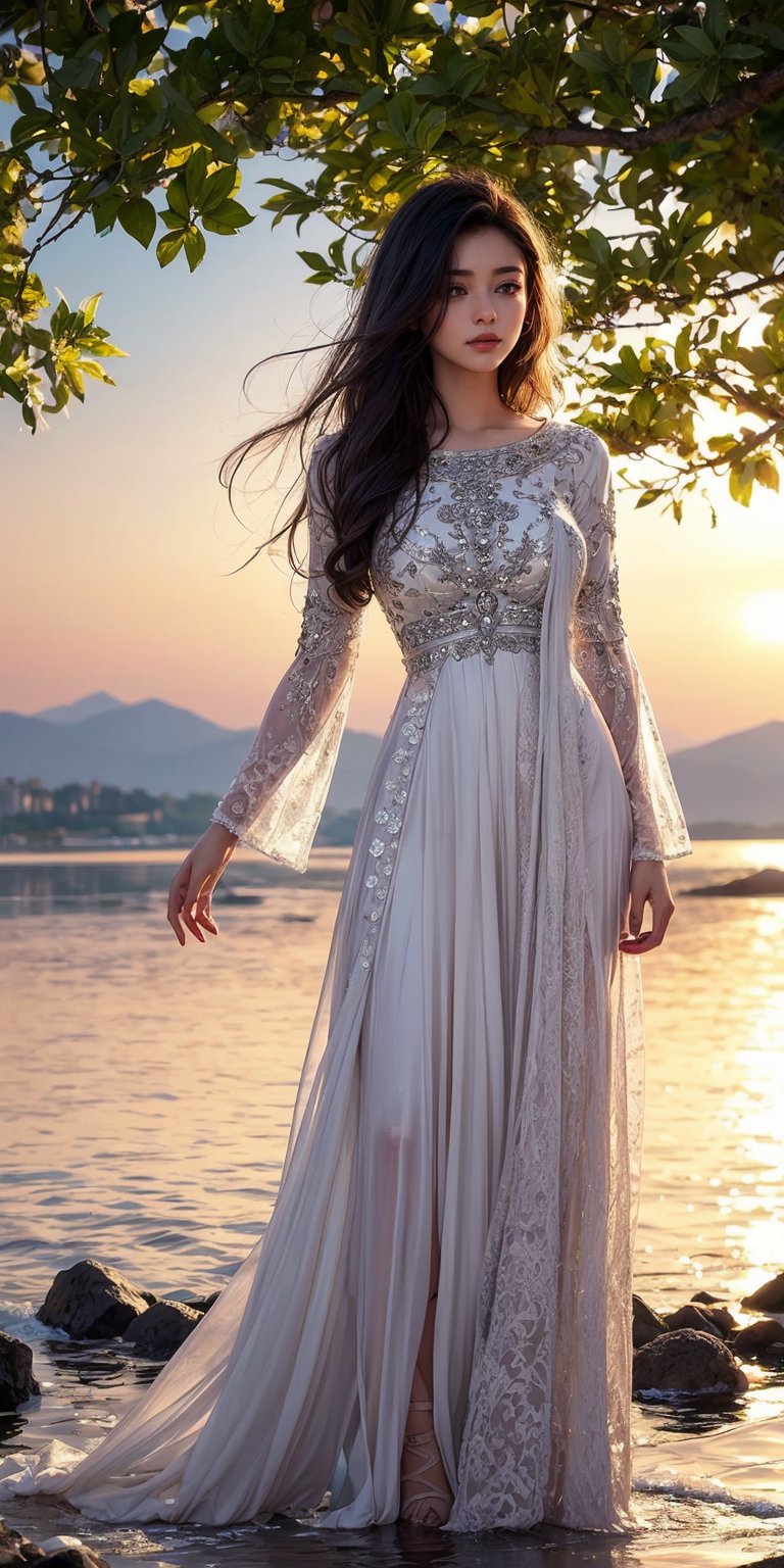 The Indian model stands at the edge of a picturesque lake,  the water reflecting the colors of the setting sun. She wears...