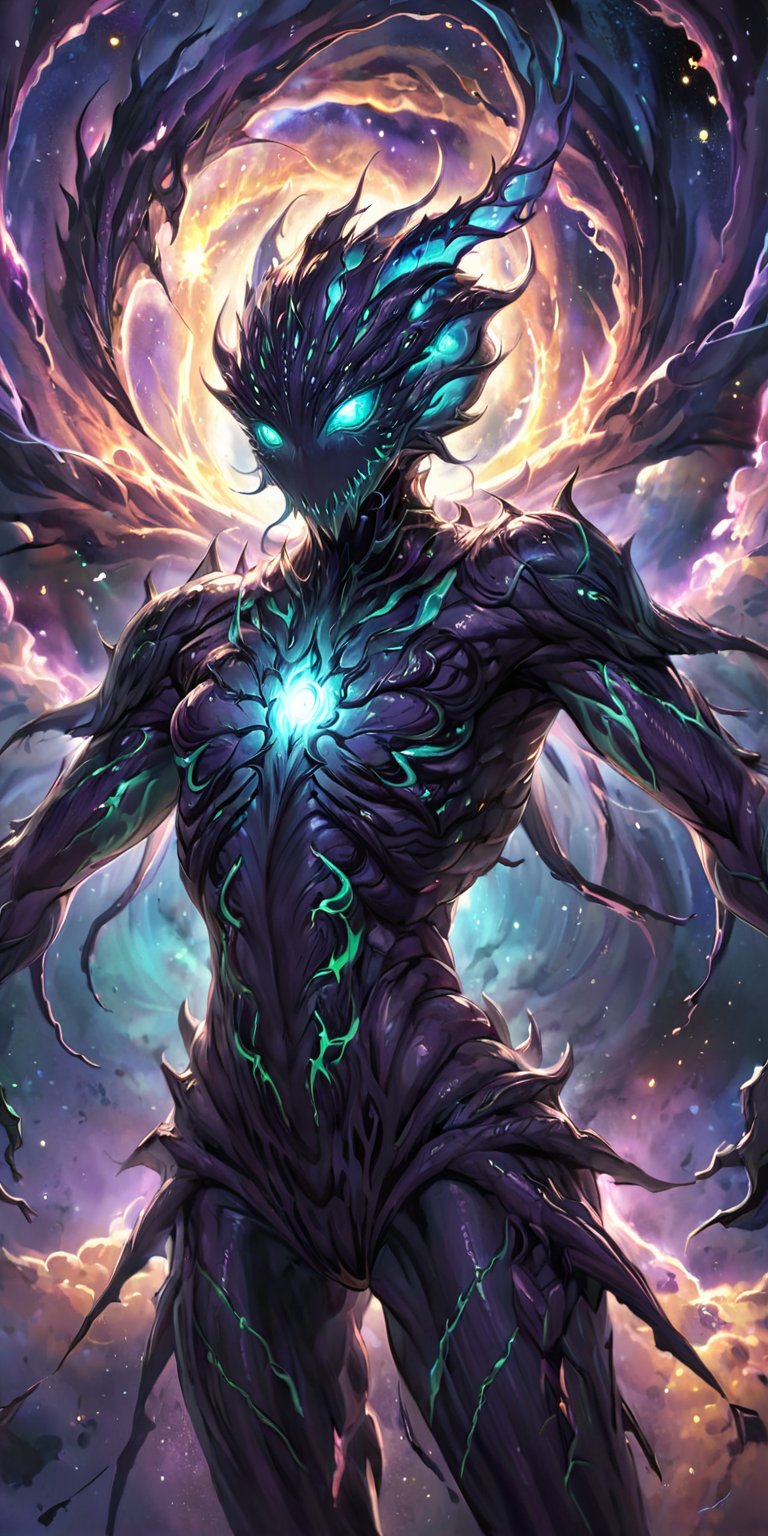 Nebula Nightmare An alien monster with a twisted, elongated body, covered in spines and glowing veins. It emerges from the centre of a swirling nebula, its many eyes scanning for prey as it prepares to strike.
