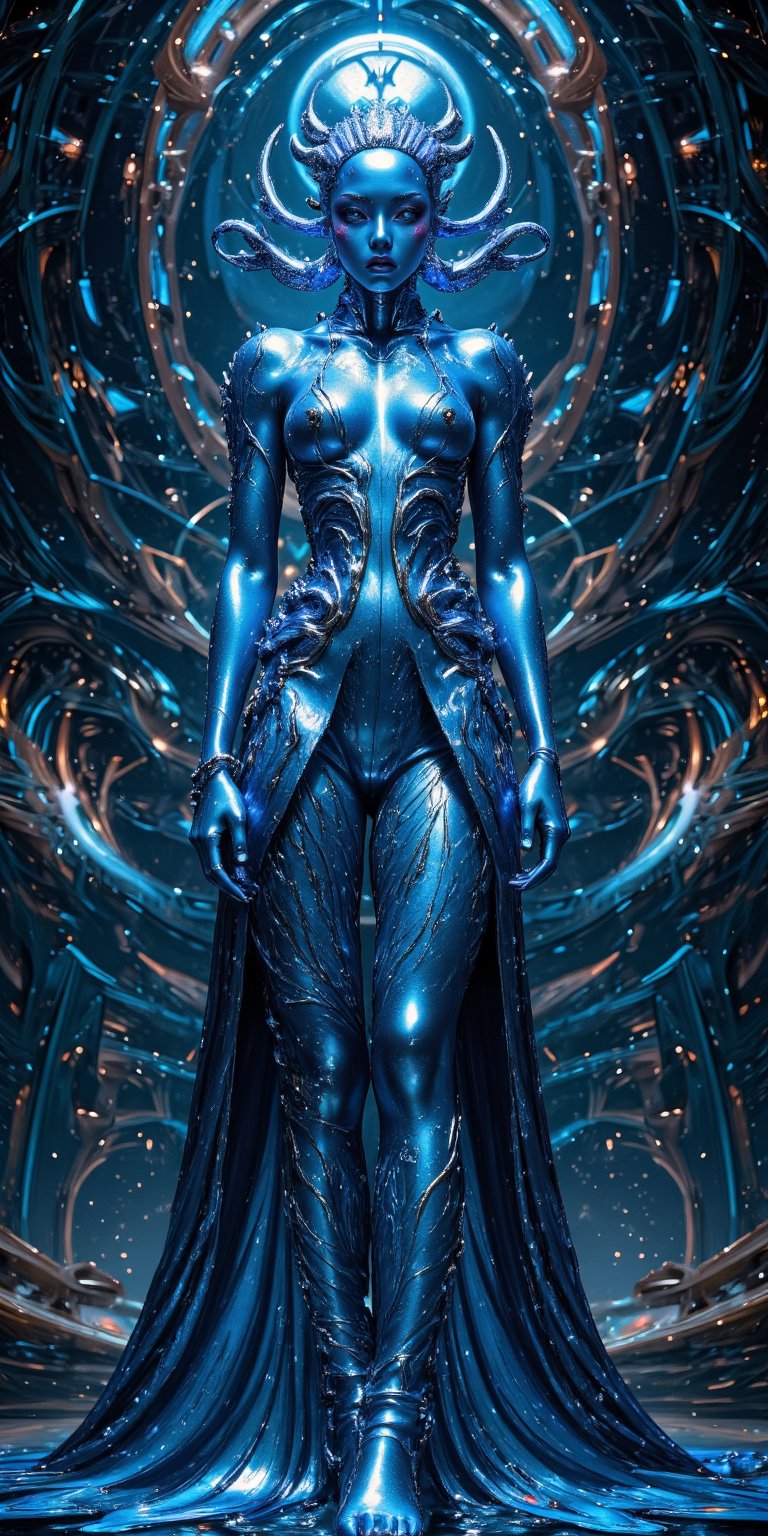 Alien Empress A regal woman with luminescent skin,  silver-blue eyes,  and an otherworldly presence. Her dress is made of...